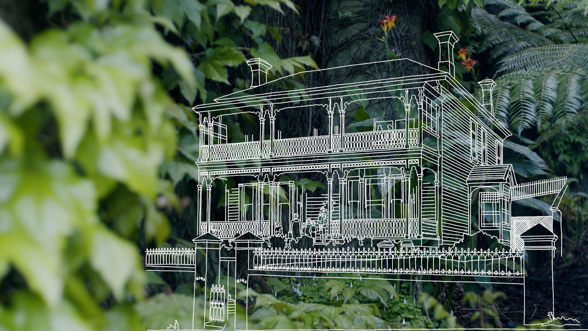 A white outline of a colonial homestead is superimposed over an image of verdant bush