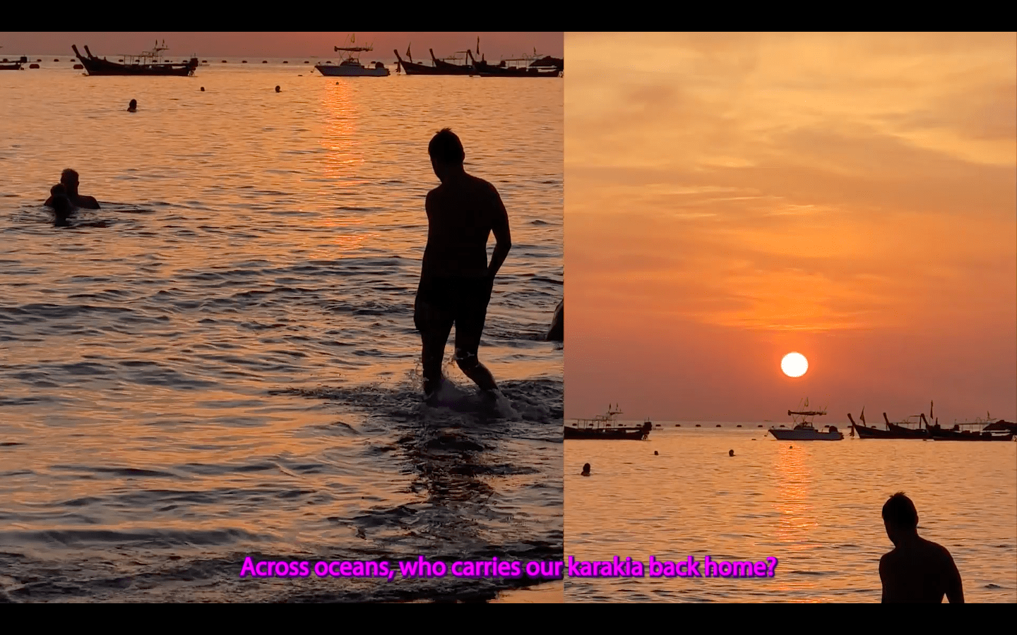 A split screen of a beach at sunset; the subtitle reads 'Across oceans, who carries our karakia back home?'