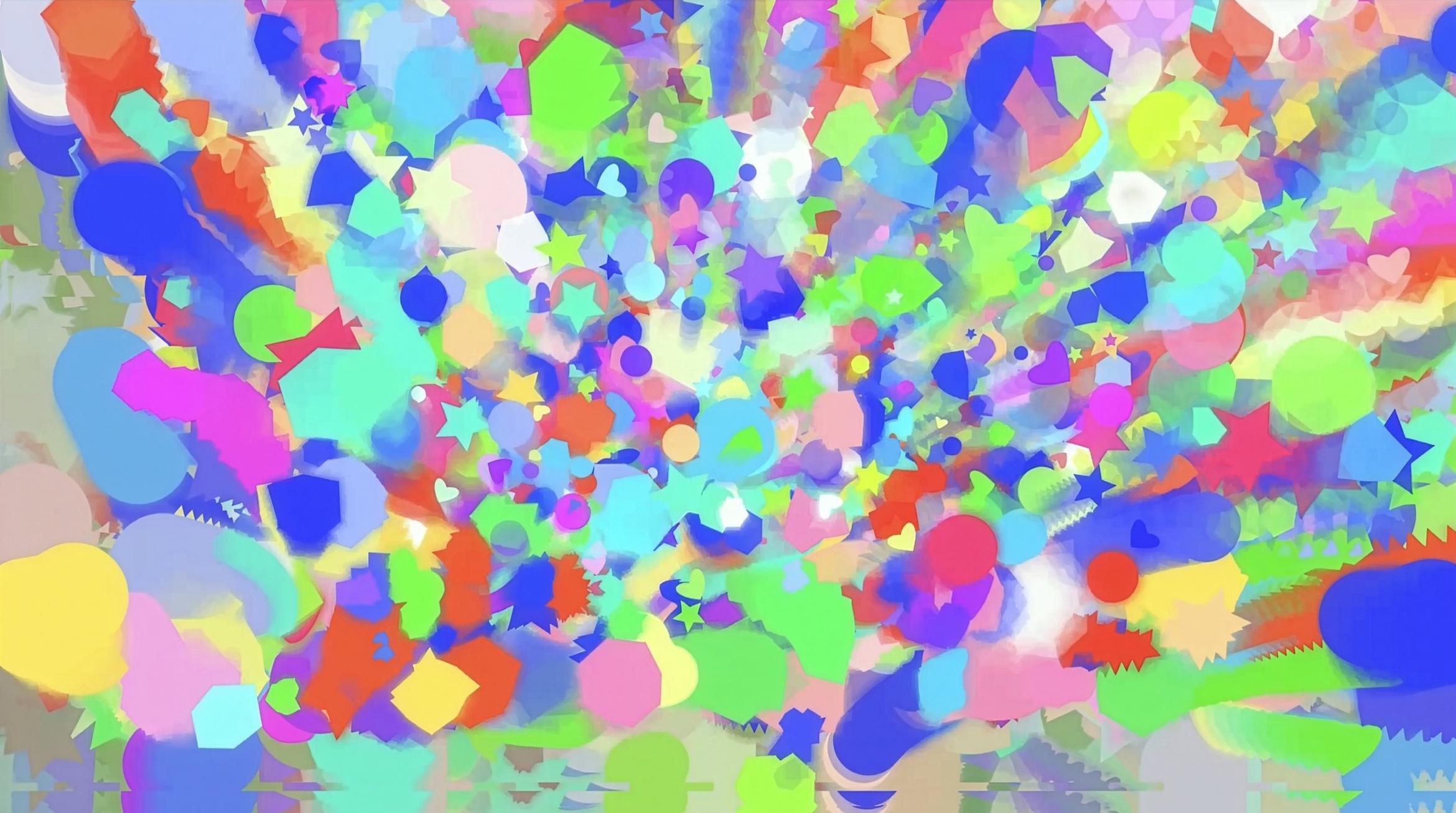 A flood of colourful digital shapes burst towards the viewer from a single viewpoint.