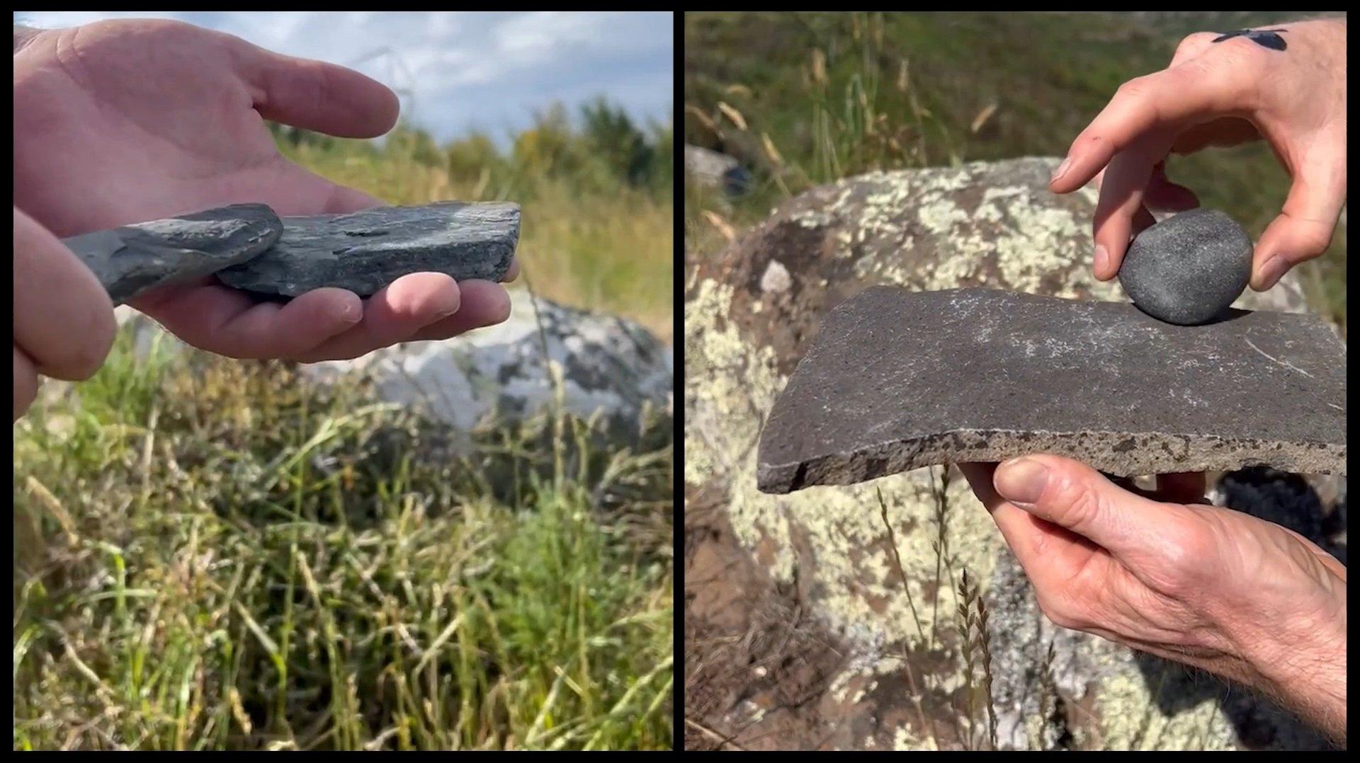 A split screen each showing two hands bringing together two rocks, against a grassy background