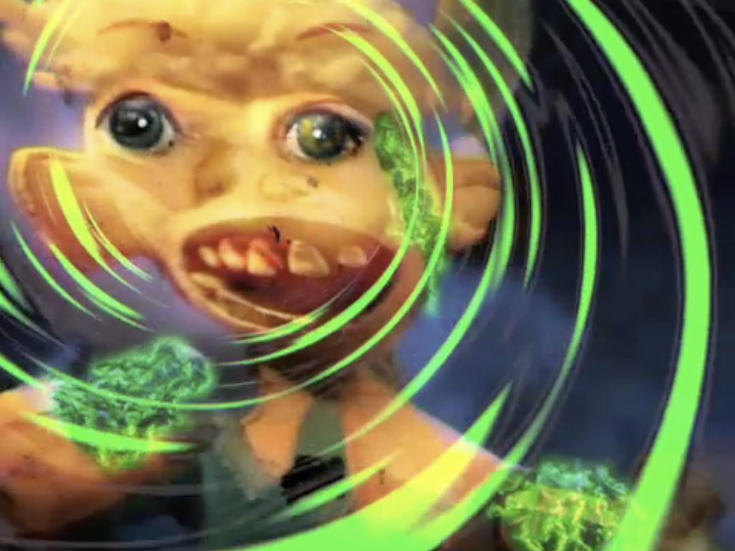An animated image of a puppet toddler seemingly undergoing a psychedelic transformation.