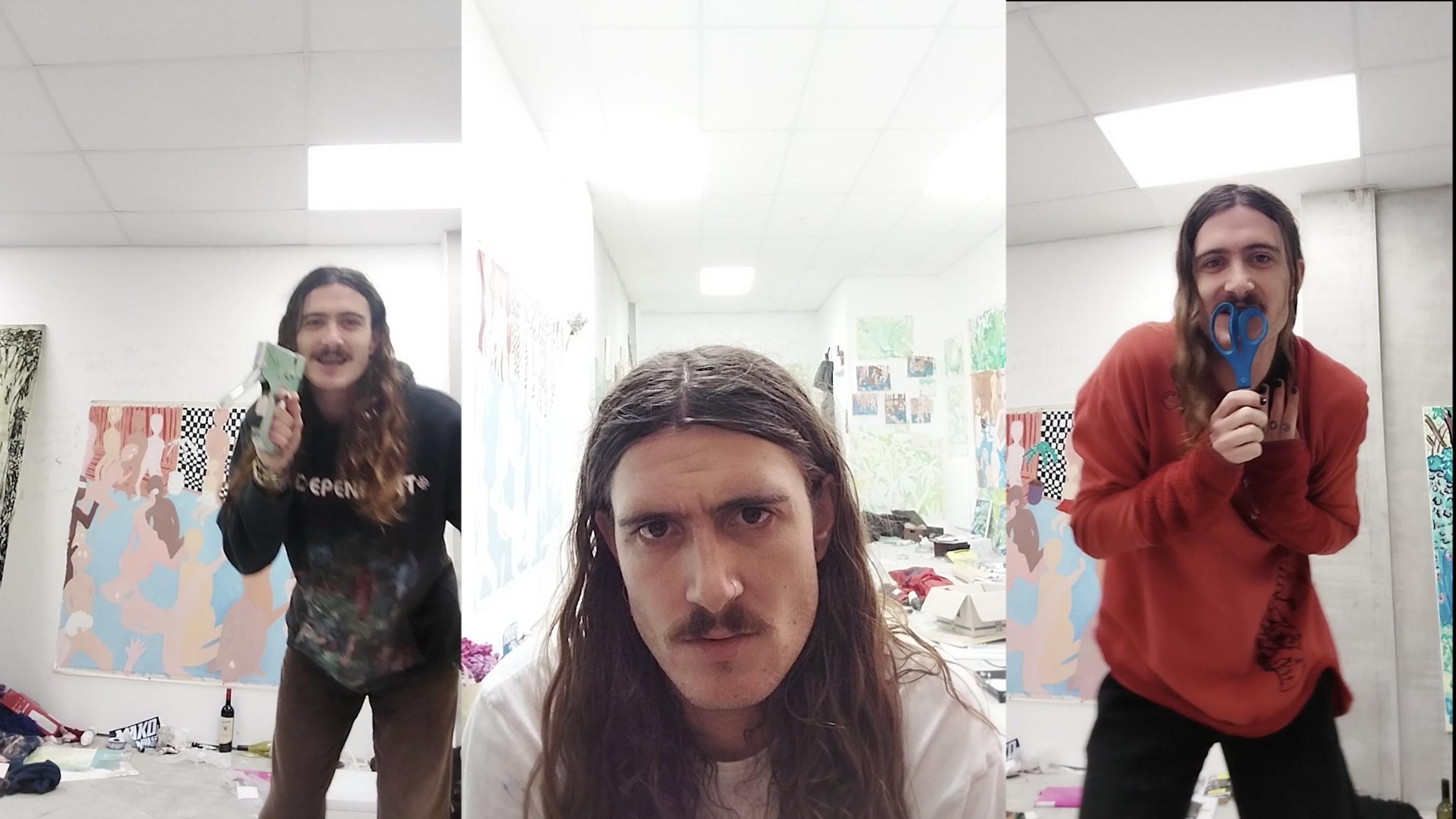 Across three screens, the artist delivers a series of performative addresses to the camera.