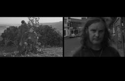 Split screen black and white, 2 men sit by a rock wall on the left, and ont he right a woman's blurred face walks past.