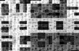A pixelated black and white image made of geometric forms of varying opacities.