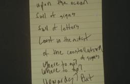 A handwritten note reading "upon the ocean, full of signs, full of letters, lost in the midst, of the constellation of signs, where to go? Where to go? Upwards?"