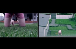 A split screen of a person on all fours on a lawn. The left hand shot is from underneath their body. The right is from above the lawn.