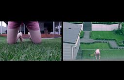 A split screen of a person on all fours on a lawn. The left hand shot is from underneath their body. The right is from above the lawn.