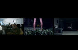 A 3 screen image of domestic scenes, 2 are inside dark living rooms. The middle of someones legs standing on a lawn.