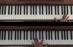 A split screen video of a hand playing a piano.