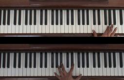 A split screen video of a hand playing a piano.