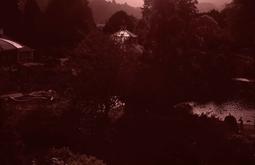 A sepia toned view of a botanic gardens with a glass-house in the distance.