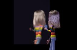 In a black void an animated figure with long blonde hair wearing a rainbow jersey stands facing their reflection.