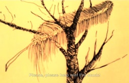 Against a bright yellow background a tree with a feather in its branches is drawn in pen. On screen text reads, please, please help me! I'm stuck!