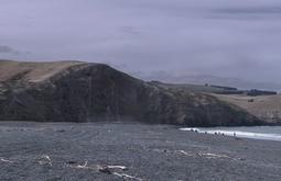 Coastal cliffs and hills on a cloudy grey day.