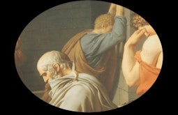 A classical painting of three men in robes each turning away or looking towards the ground.