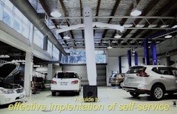 An inflatable man/sky dancer is inside a car garage. On screen is text that reads, a guide to effective implementation of self-service.