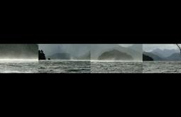 Four films of water and distant hills play side by side.
