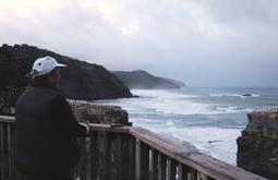 A person stands by a fence at the edge of a cliff looking out towards a rough coastline.