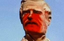 A sculpture of a Governor Grey with red paint on his face is made to talk as a deepfake.