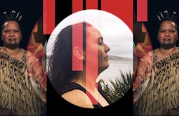 A side profile of a woman, on either side is a mirrored image of a woman in customary Māori attire. Red shapes are drawn over the image.