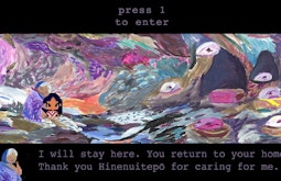 A digital character of a Māori girl and her tipuna roam through an abstract painted landscape. At the bottom of the frame is the text "I will stay here. You return to your home. Thank you Hinenuitepō for caring for me."
