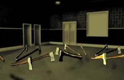 Animated axes float in a dark room, there are many doors all of which are closed.