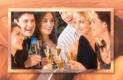 A stock photo of friends toasting with champagne is superimposed over a CGI render of red planet.