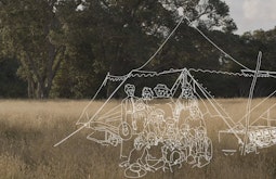A dry grassy field with large green trees in the distance. An outline drawing in white of a group of people and a tent is super-imposed.