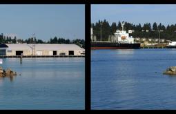 A split screen image of a harbour at dusk. Large boats and sheds populate the port.