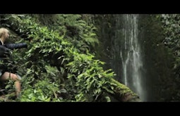 A person climbs through bush towards a waterfall.