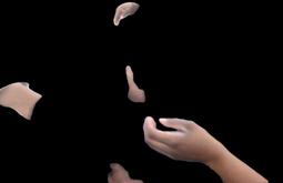 Digitally disembodied hands float in black space.