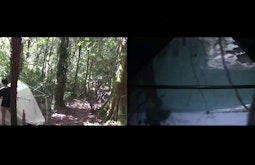 A split screen image, one the left a person sets up a tent amongst dense bush. On the right an upside down view of the sea crashing against rocks.