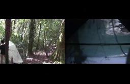 A split screen image, one the left a person sets up a tent amongst dense bush. On the right an upside down view of the sea crashing against rocks.