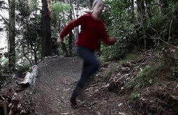 A person runs through bush along a path.