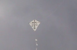 A white kite flies under a grey sky.