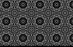 A black and white repeated pattern made from text fills the frame.