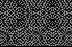 A black and white hexagonal pattern made from text fills the frame.