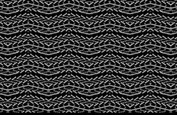 A black and white repeated pattern made from text appears like waves.