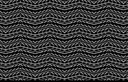 A black and white repeated pattern made from text appears like waves.