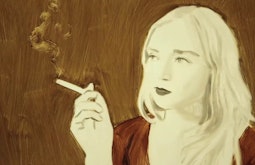 A painting of a person smoking and staring wistfully.