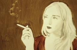 A painting of a person smoking and staring wistfully.