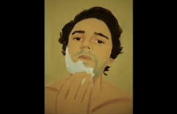 A painting of a person applying shaving foam.