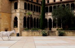 A CGI goat walks in a palatial courtyard.