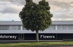 A tree stands in front of a building by a roadside. The words motorway flowers appear on the building
