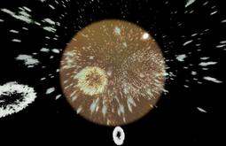 An orange orb floats in black space, firework's shoot out from the centre.