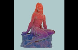 A digitally rendered sculpture of a nearly naked person sitting atop a rock. Their body is red at the top and fades to blue at the bottom.