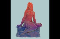 A digitally rendered sculpture of a nearly naked person sitting atop a rock. Their body is red at the top and fades to blue at the bottom.