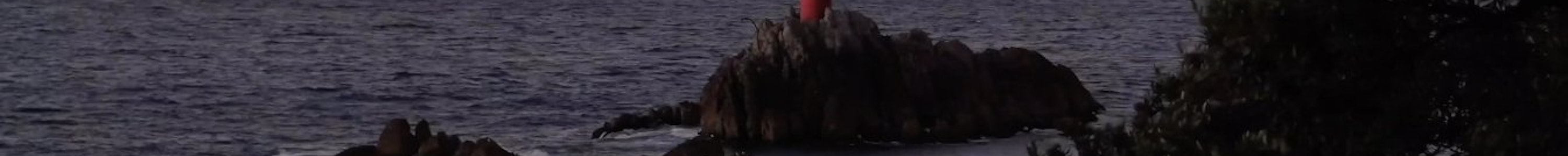 Jagged rocks stick out of the ocean underneath a pinky blue sunset or sunrise. On the rocks is a bright red cylinder object.
