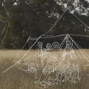 A white pencil drawing of a settler family is superimposed over a field and trees.