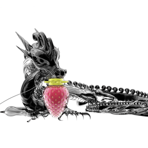 A glossy black digitally animated dragon is lying in a white space with a glassy strawberry next to its mouth.